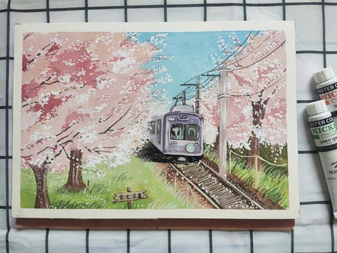 樱花列车动漫场景纯手绘不透明水彩画