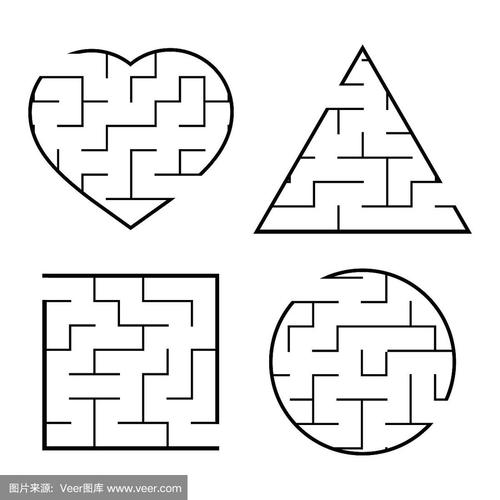 一组简单的迷宫.圆形,正方形,三角形,心形.游戏对孩子.对儿童拼图.一