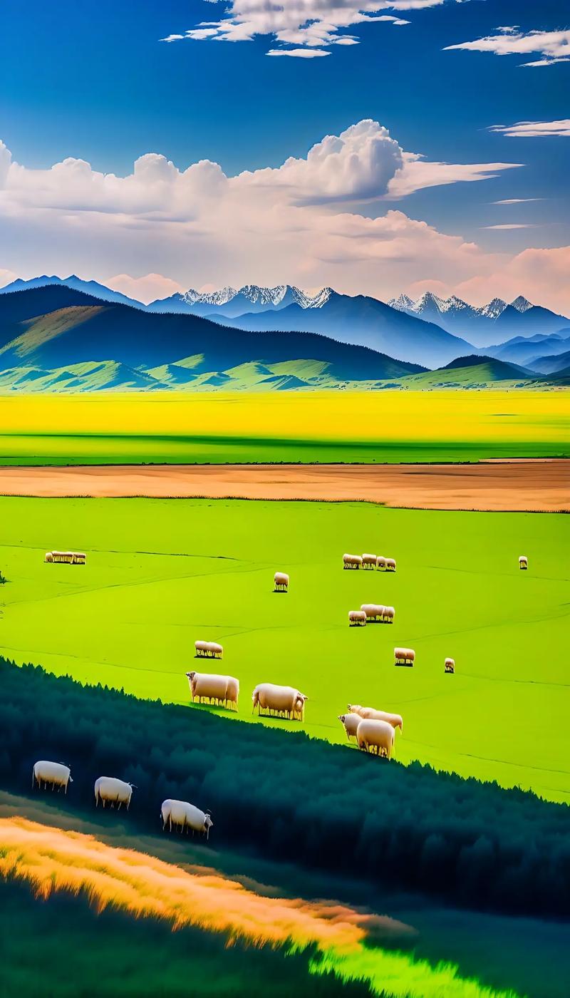 辽阔的大草原和羊群#蓝天白云绿草地这风景太美了 #ai绘画  - 抖音
