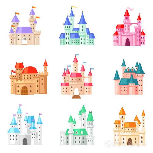 动画片城堡向量童话中世纪塔幻想宫殿大厦在王国童话般的例证幼稚的一