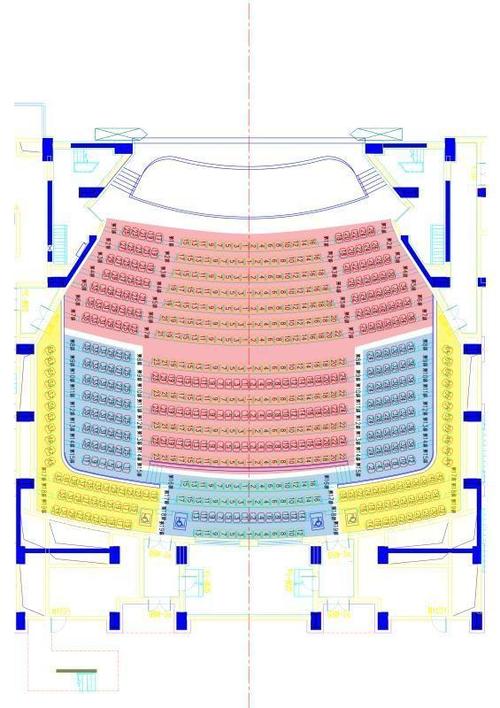 文化广场剧院座位图:红色区域a票,蓝色区域b票,黄色区域c票.