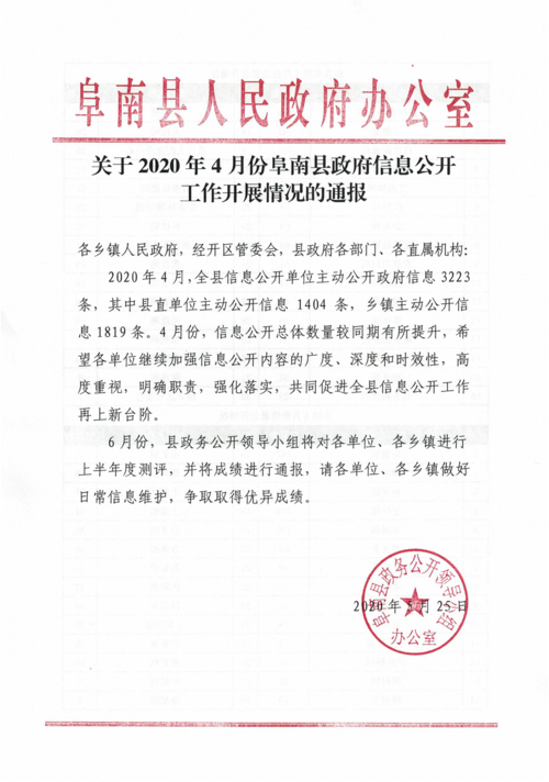 关于2020年4月份阜南县政府信息公开工作开展情况的通报