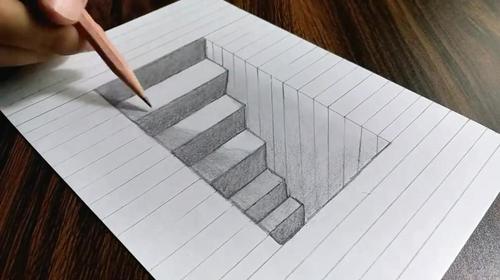 简单好学的素描铅笔画,画一个立体楼梯,太有才啦