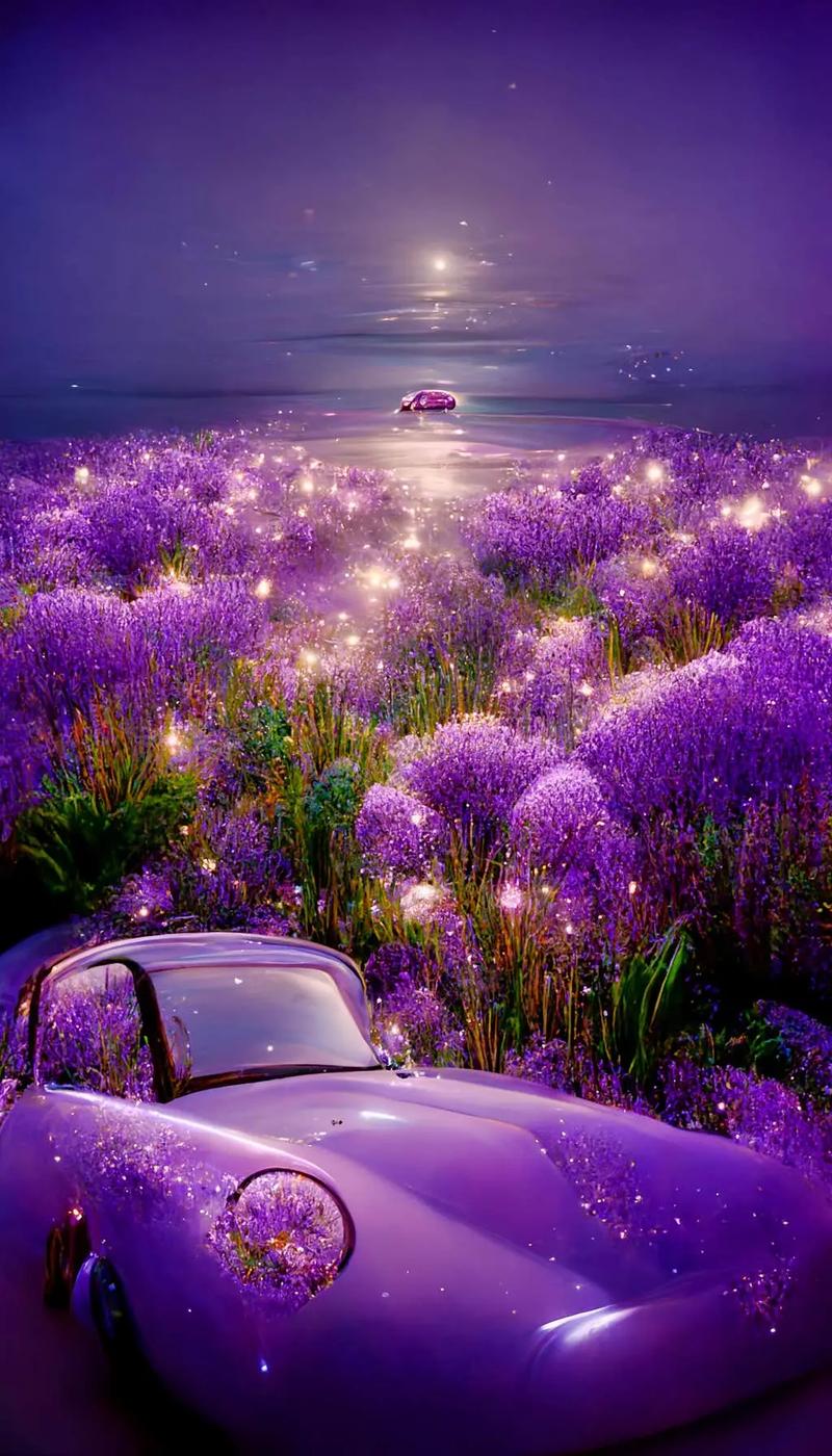 薰衣草海滩上的紫色跑车#抖音图文来了 #唯美意境 #薰衣草  - 抖音