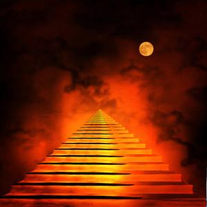 高资源高温城堡隧道尽头的灯光.通往天堂或地狱的楼梯.