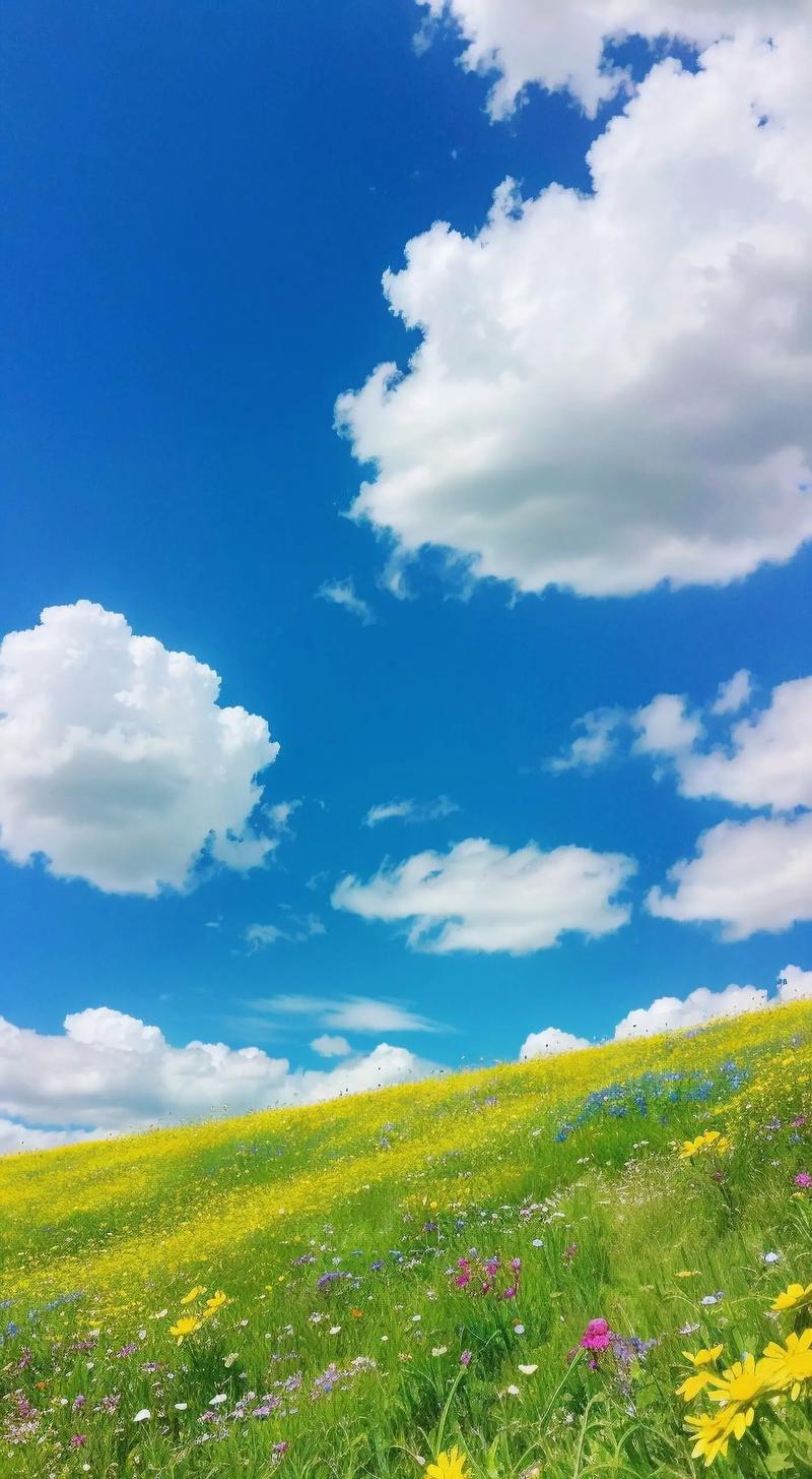 蓝天白云,晴空万里,阳光明媚,草地上开满了各种各样五颜六色的 - 抖音