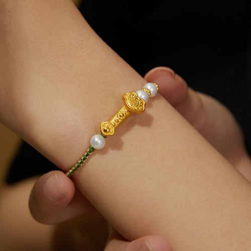 中国工艺事事如意足金黄金珍珠手链编织手绳送女友送妈妈礼物约18克