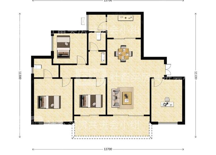 房型如图,120平,实得面积貌似也是120平,四室两厅两卫.