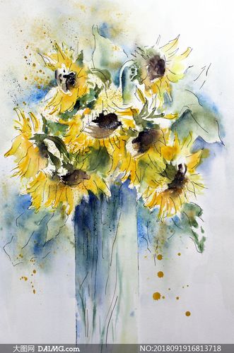 向日葵花朵主题水彩画设计高清图片