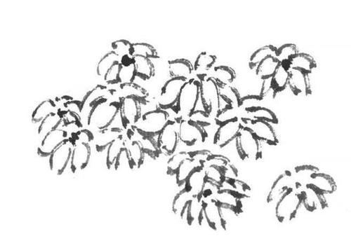 菊花式:蘸取重墨,左右两笔绘略有弧度的墨线成一个叶片.