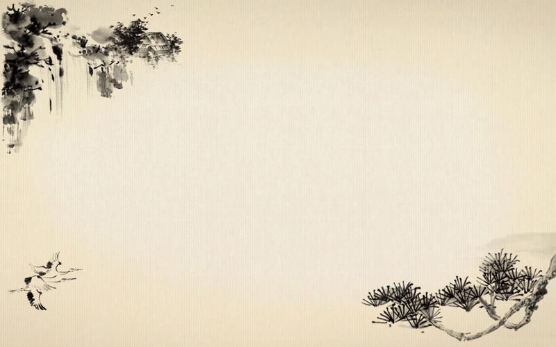 水墨古松飞鹤瀑布背景的中国风古典幻灯片背景图片