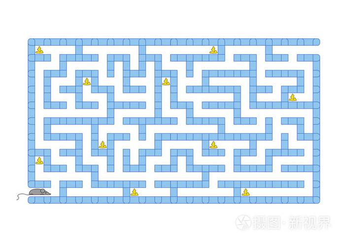 彩色长方形迷宫. 帮助老鼠收集所有的奶酪. 孩子们的游戏. 儿童拼图.