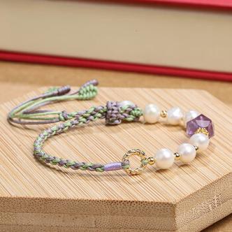紫水晶转运珠编织手绳平安好运女生闺蜜礼物紫水晶编织珍珠手链可调节