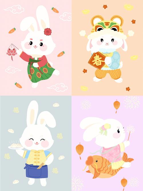 四张简单扁平的可爱中国兔