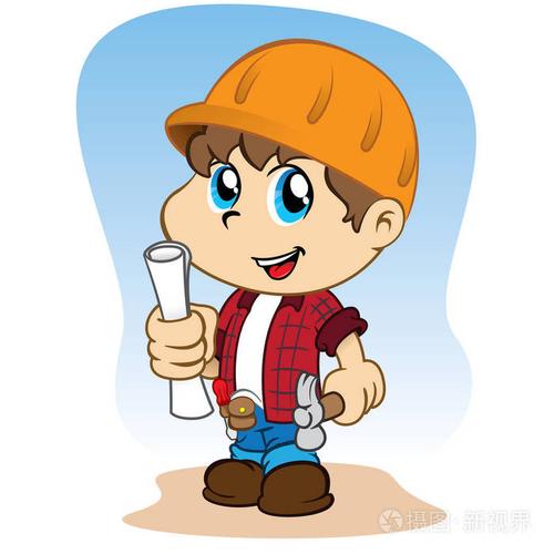 孩子穿着专业承包, 生成器或建筑师用手中的工具的插图