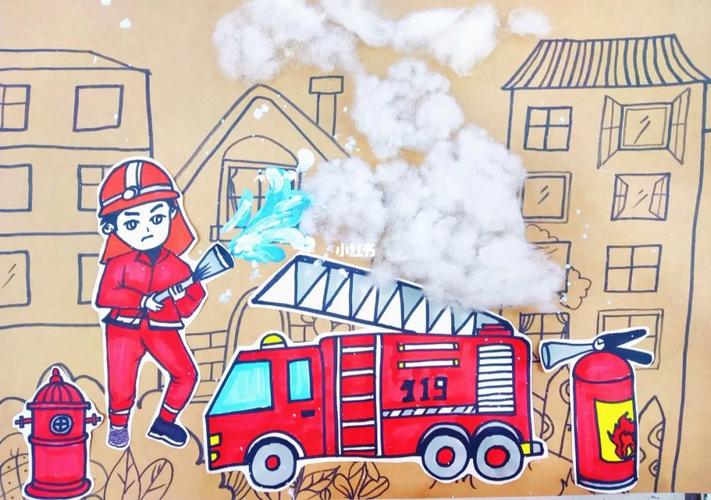 消防员消防车5到7岁创意儿童画