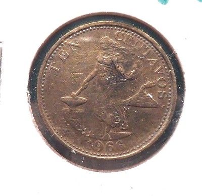 circulated 1966 10 centavos philippino coin! (51615)
