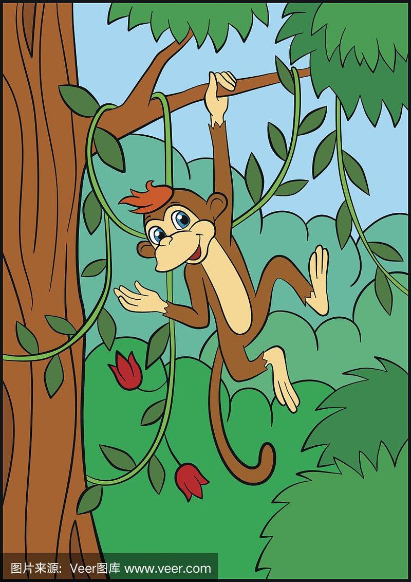 可爱的小猴子挂在树上.