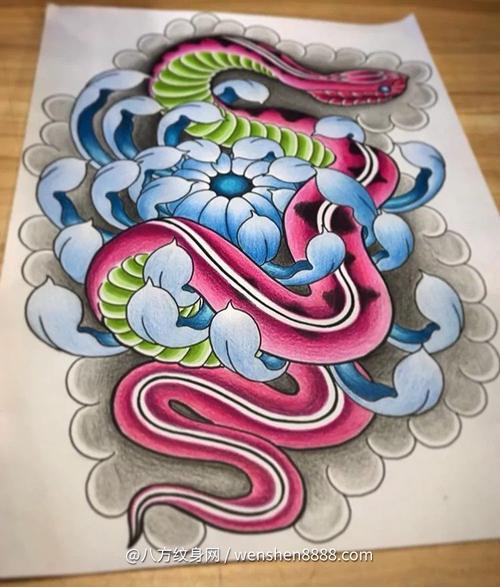 大腿日式老传统蛇花纹身手稿 (2)
