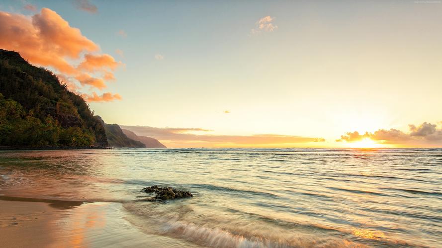 夏威夷4k高清壁纸可儿海滩岛考艾岛天空海海洋水日落日出岩石太阳云