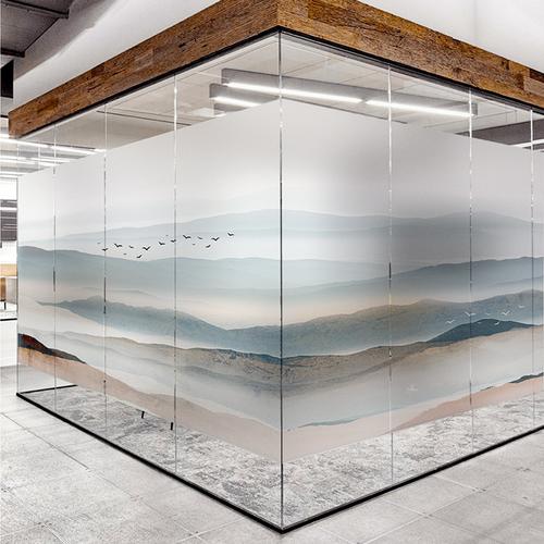 新中式中国风艺术山水画办公室创意静电贴纸磨砂玻璃贴膜家用高端