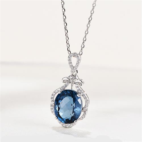 蓝色天然宝石宝石钻石吊坠项链镀银项链
