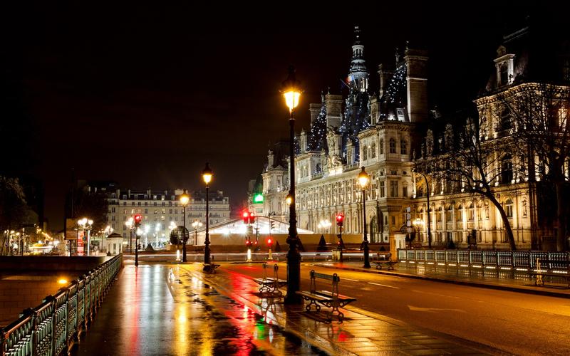 法国巴黎,酒店,城市,街道,晚上,道路,路灯 壁纸