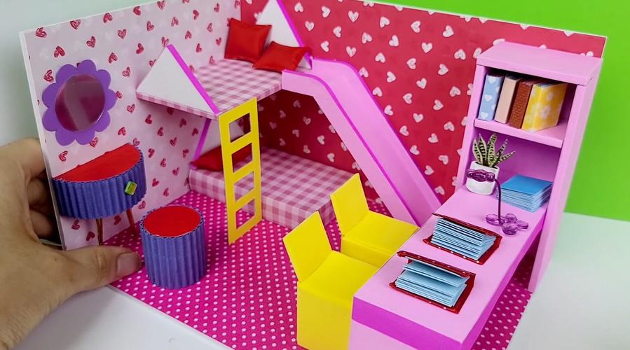 diy迷你娃娃屋,简单整洁的粉色小卧室