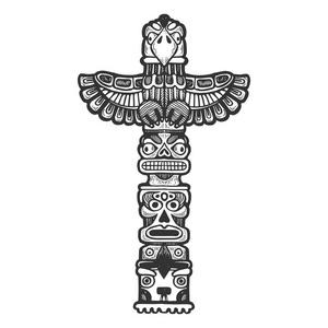 玛雅图腾宗教象征古代文明雕刻向量插图.划痕板式模仿.