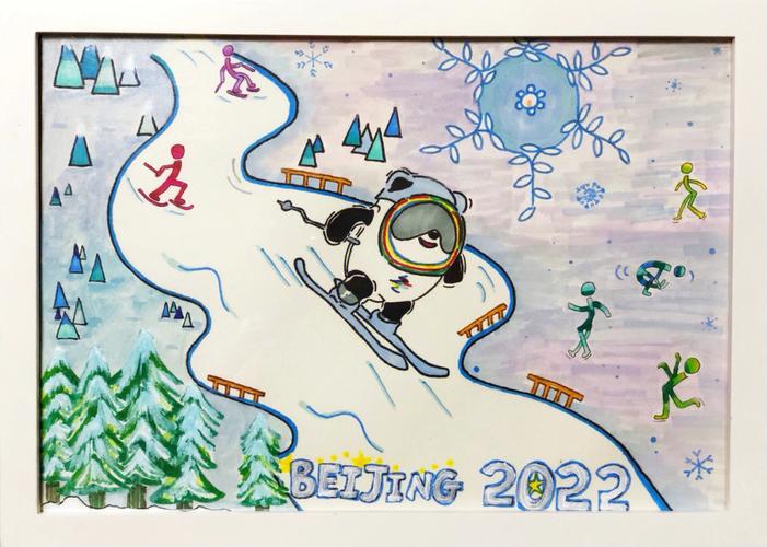 一起制作冰墩墩,观察奥运会logo绘画:以冰墩墩为主体,展现冰雪运动