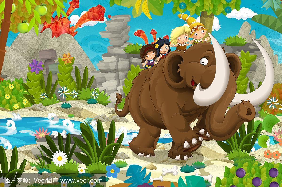 穴居女人在猛犸象穿越丛林的卡通快乐场景
