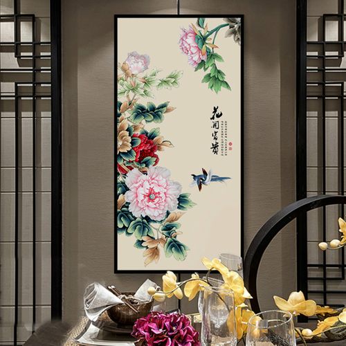 新中式入户玄关牡丹花鸟装饰画走廊过道背景墙面挂画花开富贵壁画