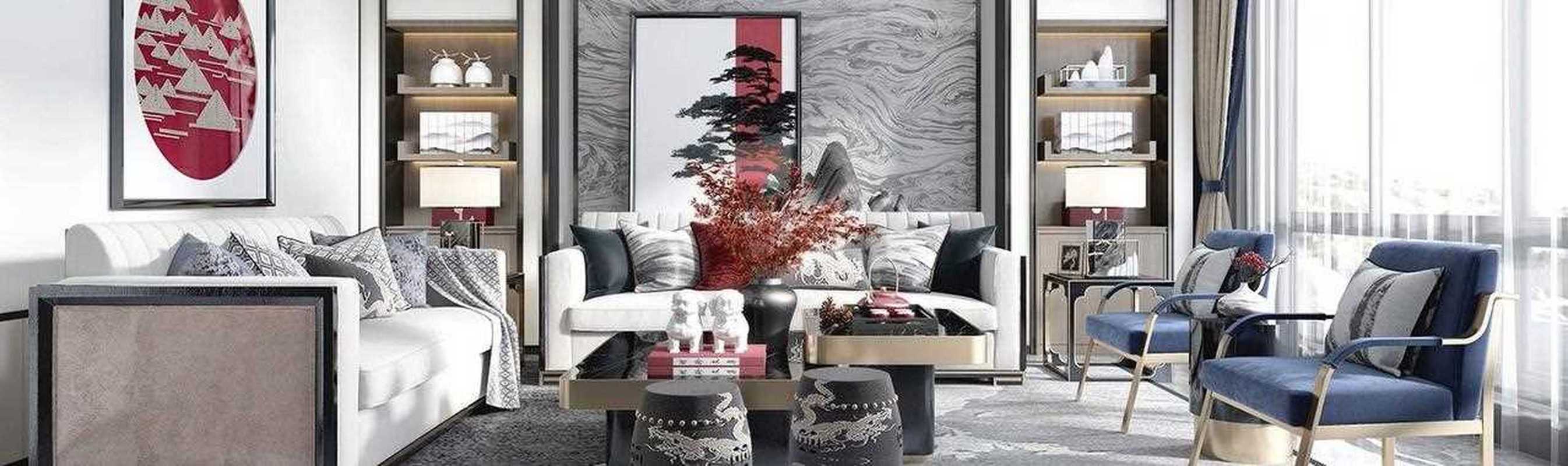 新中式客厅 沙发组合 墙面造型效果图