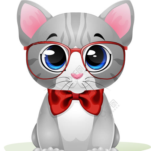 戴着红色眼镜和弓的可爱小猫卡通