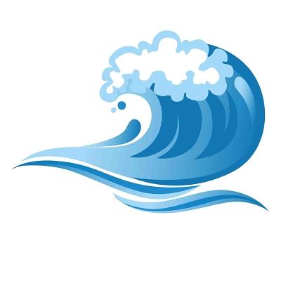 浪花帆船大船海鸟蓝天白云海水山川卡通手绘插画强大的波浪在大西洋中