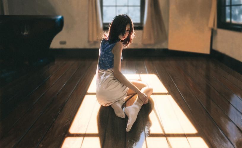 女孩 侧坐在木地板上 室内 窗户 阳光 唯美艺术4k动漫人物壁纸_彼岸