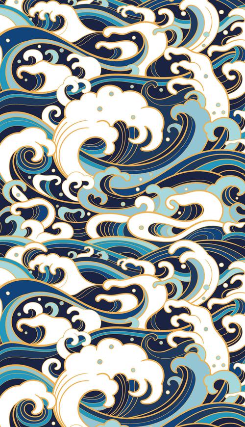 蓝色手绘传统海浪纹样背景底纹