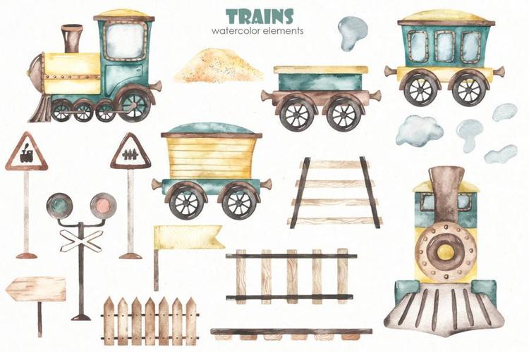 儿童水彩画风格的老式蒸汽火车主题插画素材