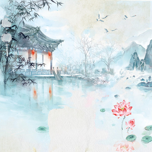 中国风水彩风景画蓝色湖面湖心亭荷花盛开