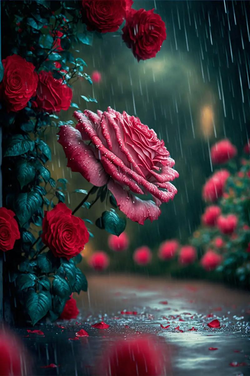 在雨中,一大片红玫瑰开得很灿烂# 玫瑰 # 好看的花一定要分 - 抖音