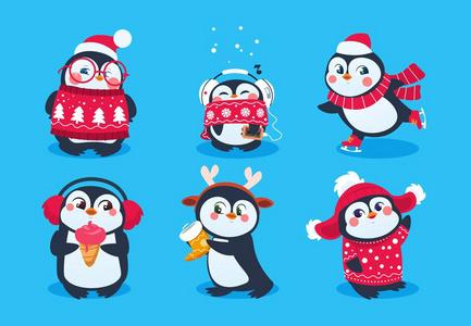 圣诞企鹅滑稽的雪动物, 可爱的小企鹅卡通人物在冬季帽子.