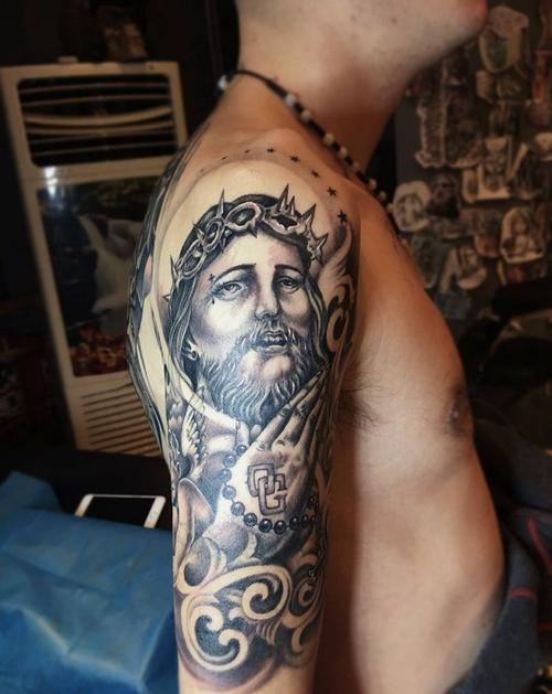 耶稣纹身图片_成品手臂肖像欧美原创人物鬼神宗教纹身图案