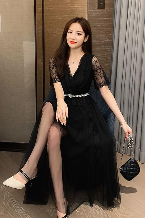 2020新款名媛时尚韩版亮片仙女网纱蕾丝中长款连衣裙配腰带