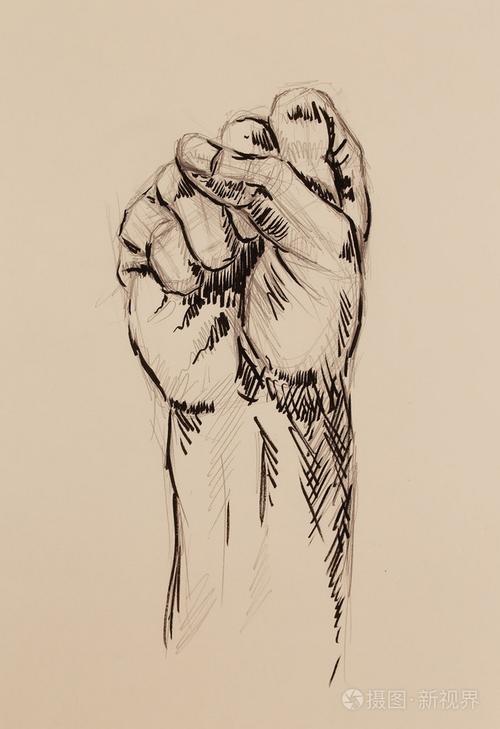 拳头绘图,旧纸上的铅笔素描