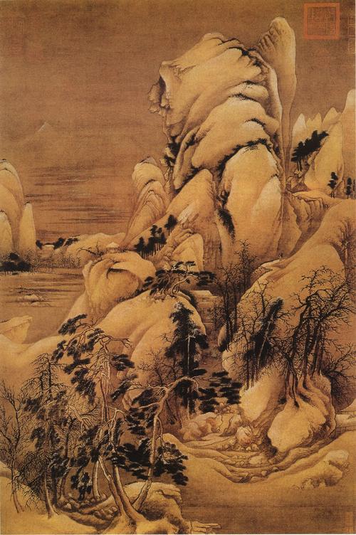 故宫博物院藏作品介绍:此图是一幅全景山水,沿用传统的北宋山水画构图