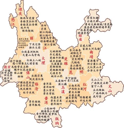 云南各地州主要特产分布图