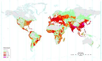 世界人口密度图,来源于1994年的人口数据