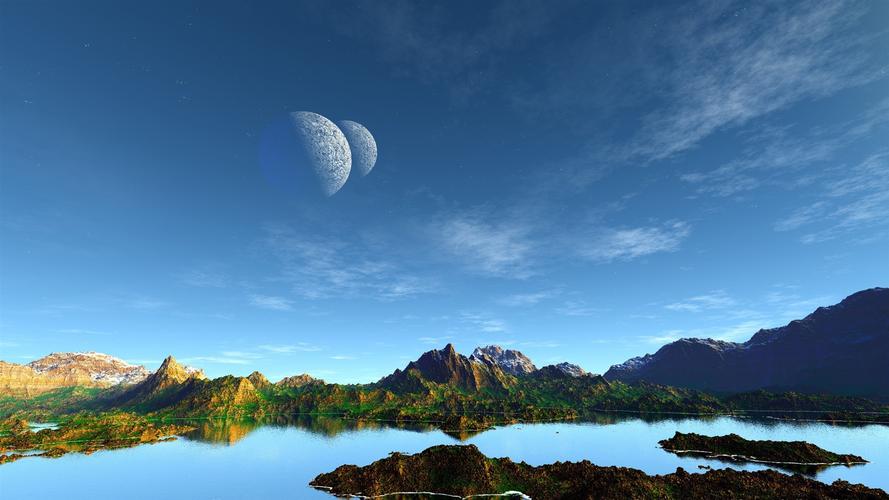 行星,蓝天 壁纸 艺术景观,山,湖,行星,蓝天 桌布 - 1920x1080 全高清