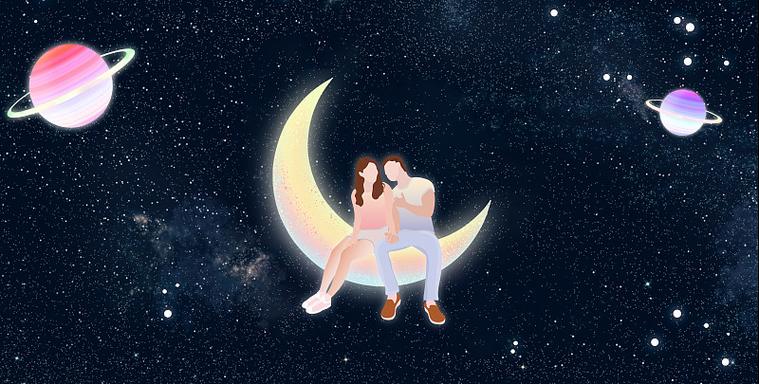 夜晚星空下情人节一对情侣牵手约会坐在月亮上聊天说悄悄话插画图片