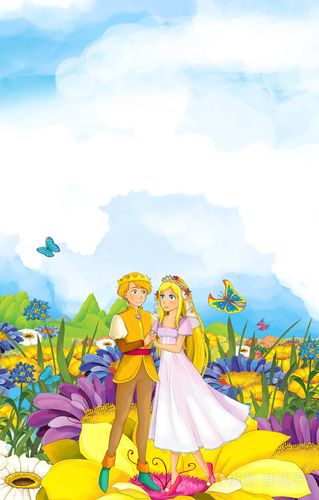 卡通场景的童话王子和公主